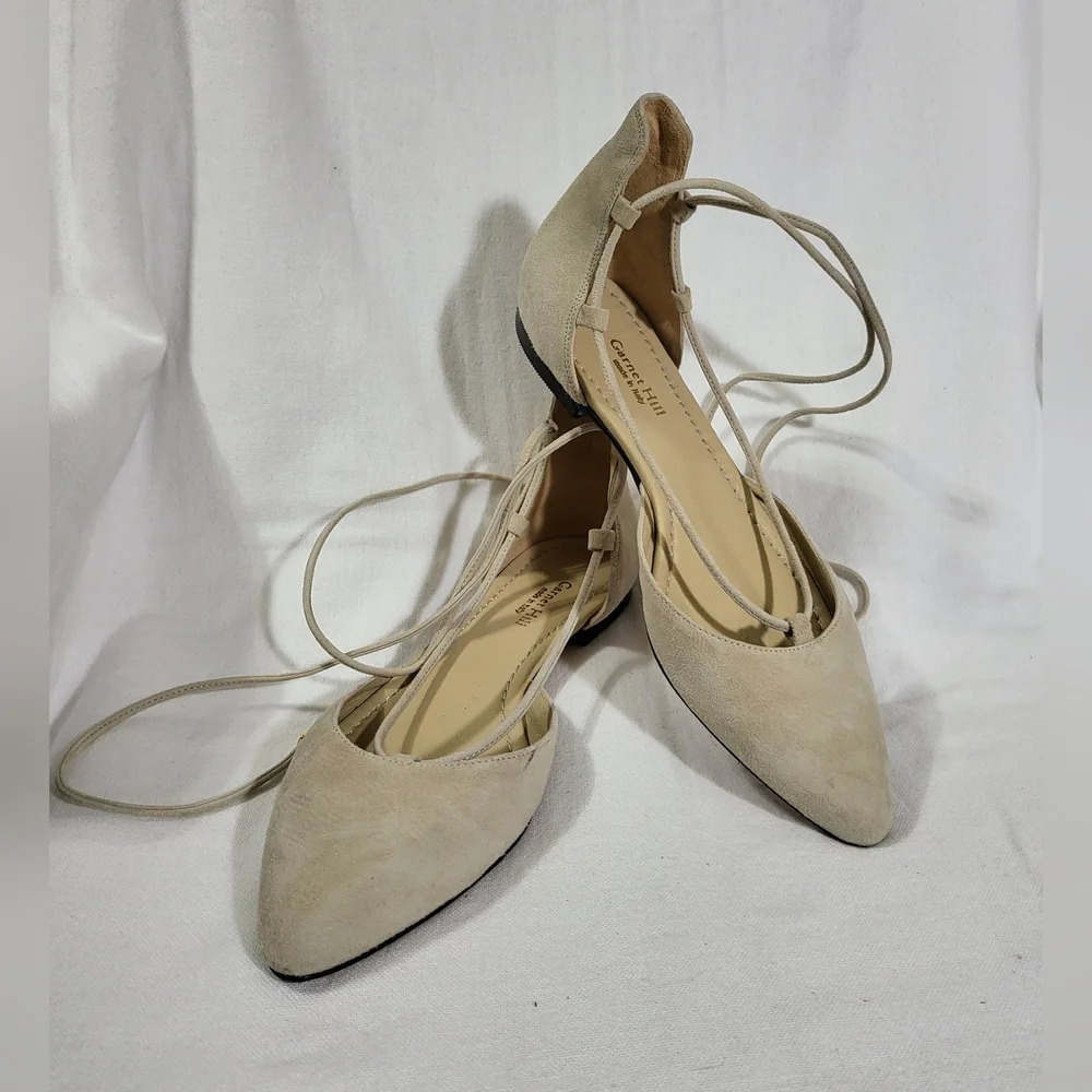 Garnet Hill Cream Suede Pointed-Toe Lace-Up Flats